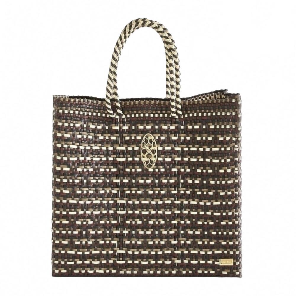 NEW LOLA'S BAG women's medium woven regular strap tote bag in taupe/gold